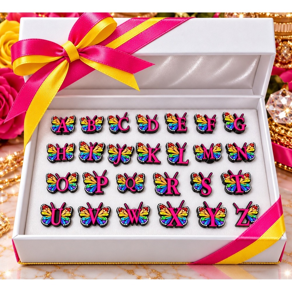 26pc Rainbow Butterfly Alphabet Shoe Charms A-Z Pink Letter Charms for Clogs Bag